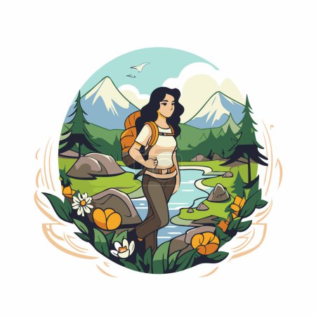 Illustration for Hiking woman in the mountains. Vector illustration in cartoon style. - Royalty Free Image