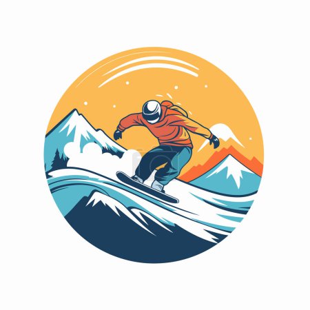 Téléchargez les illustrations : Snowboarder sautant sur un snowboard dans les montagnes. Illustration vectorielle - en licence libre de droit