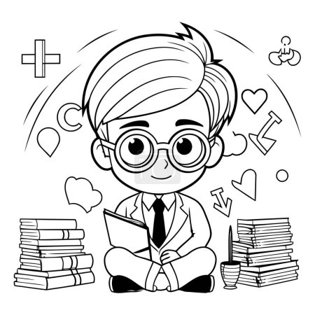 Ilustración de Lindo chico con gafas leyendo un libro. Ilustración vectorial. Blanco y negro. - Imagen libre de derechos
