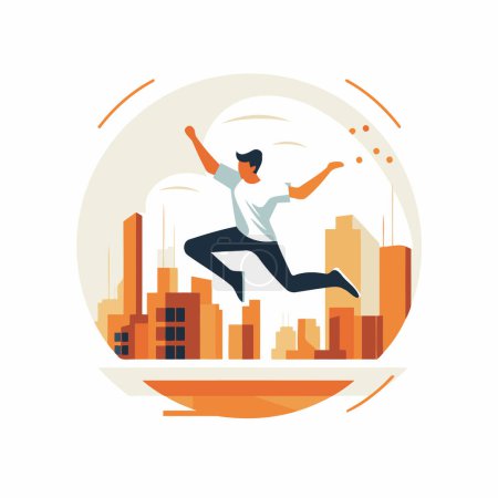 Illustration for Man jumping in the city. Vector illustration in flat design style. - Royalty Free Image