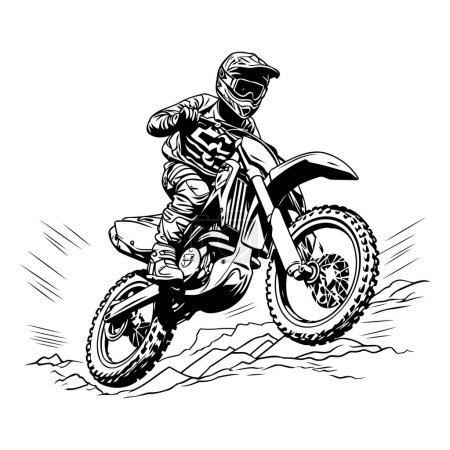 Ilustración de Piloto de motocross en la carrera. Ilustración vectorial. Monocromo. - Imagen libre de derechos