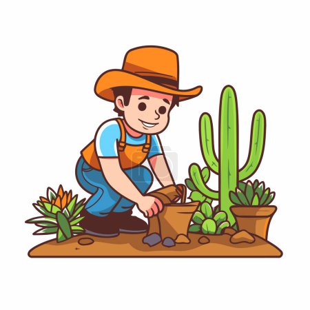 Illustration for Gardener man planting cactus in pot. Cartoon vector illustration. - Royalty Free Image