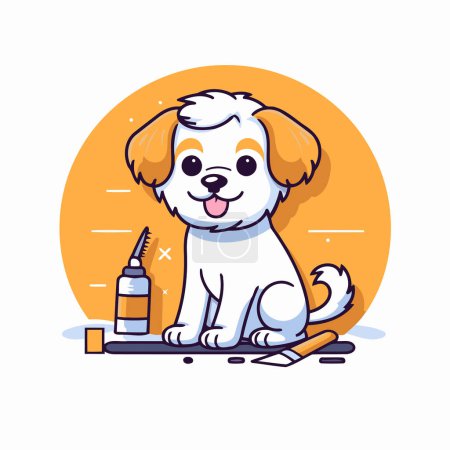 Téléchargez les illustrations : Mignon chien dessin animé avec fil dentaire et brosse à dents. Illustration vectorielle. - en licence libre de droit