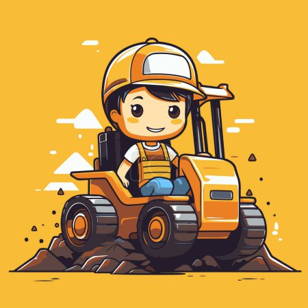Illustration for Cute little boy driving a bulldozer. Vector cartoon illustration. - Royalty Free Image