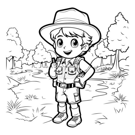 Ilustración de Página para colorear Esquema de un boy scout o explorador de safari - Imagen libre de derechos