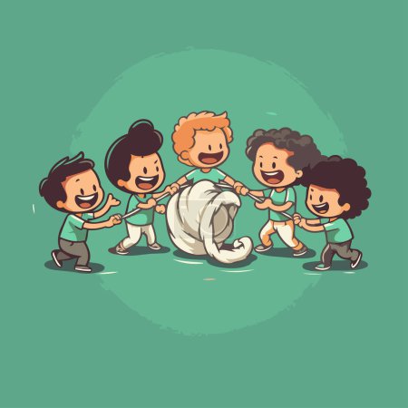Illustration for Teamwork concept vector illustration. Group of happy kids pulling rope together. - Royalty Free Image