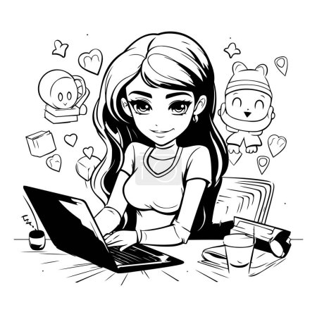 Téléchargez les illustrations : Jolie fille de dessin animé travaillant sur ordinateur portable. Illustration vectorielle. Noir et blanc. - en licence libre de droit