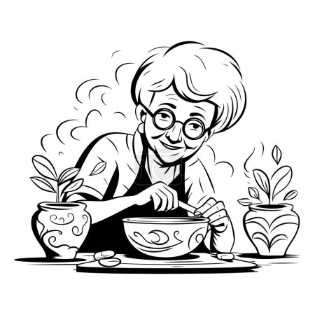 Illustration for Elderly woman potter. Black and white vector illustration. - Royalty Free Image