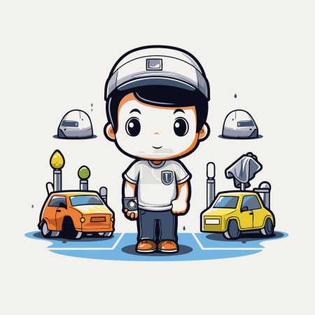 Ilustración de Dibujos animados chico y coches en el estacionamiento vector ilustración diseño gráfico - Imagen libre de derechos