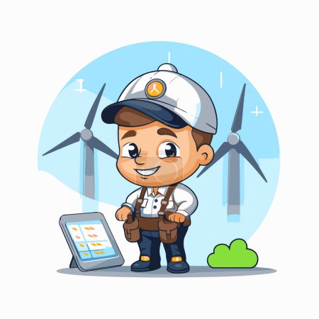 Téléchargez les illustrations : Mignon dessin animé garçon dans pilote chapeau et uniforme avec éoliennes sur fond - en licence libre de droit