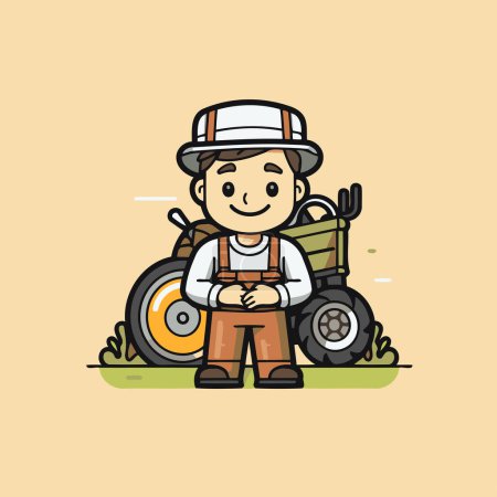 Illustration for Farmer cartoon character with tractor. Vector illustration in a flat style - Royalty Free Image