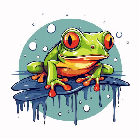 Cartoon green frog with drops of water. Vector illustration isolated on white background.