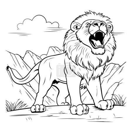 Téléchargez les illustrations : Lion dans la nature. Illustration vectorielle noir et blanc pour livre à colorier. - en licence libre de droit