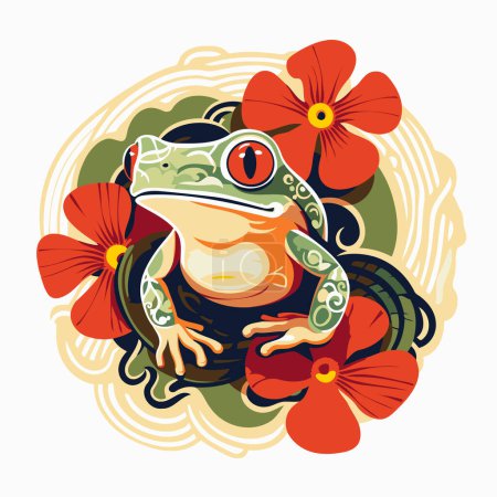 Frosch und Blumen. Vektorillustration eines Frosches und Blumen.