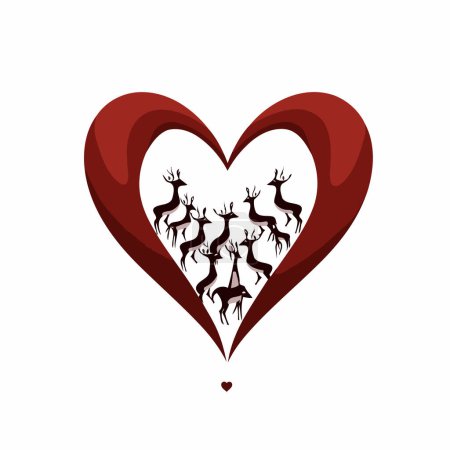 Illustration for Red heart with deers on a white background. Vector illustration. - Royalty Free Image