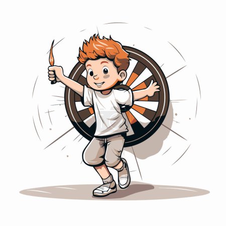 Téléchargez les illustrations : Illustration vectorielle de dessin animé d'un garçon jouant avec une roue de voiture. - en licence libre de droit