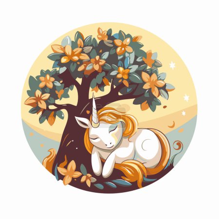 Illustration for Unicorn sleeping on the tree. Vector illustration in cartoon style. - Royalty Free Image