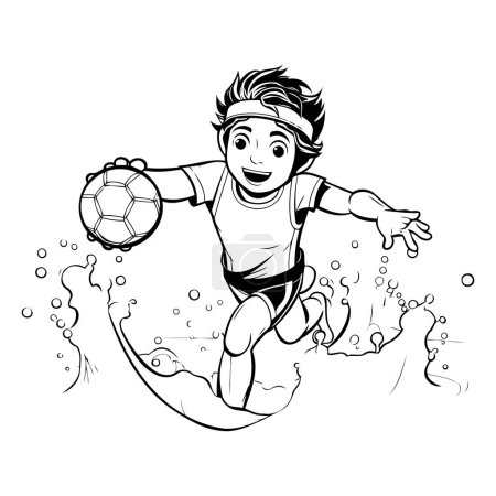 Téléchargez les illustrations : Petit garçon jouant au foot sur la plage. Illustration vectorielle dans le style dessin animé. - en licence libre de droit