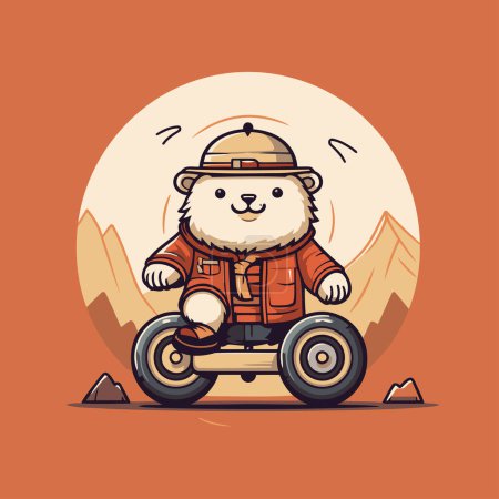 Netter Cartoon-Bär auf einem Motorroller vor dem Hintergrund der Berge