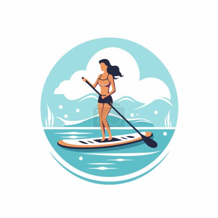 Illustration for Young woman on stand up paddle board. Flat style vector illustration. - Royalty Free Image