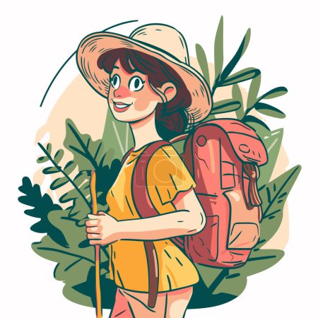 Téléchargez les illustrations : Touriste femme avec sac à dos et chapeau. Illustration vectorielle dans le style dessin animé. - en licence libre de droit