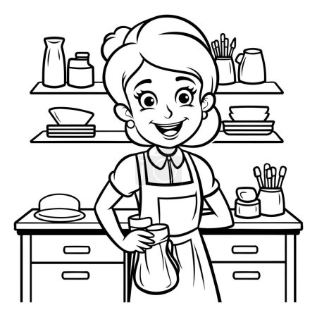 Téléchargez les illustrations : Fille en tablier avec tablier dans la cuisine. illustration vectorielle noir et blanc - en licence libre de droit