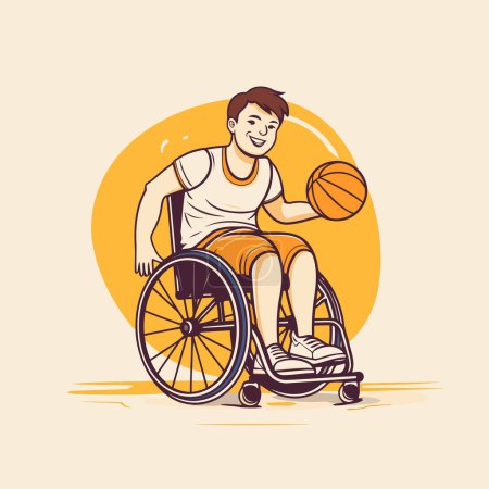 Téléchargez les illustrations : Un handicapé en fauteuil roulant jouant au basket. Illustration vectorielle de bande dessinée. - en licence libre de droit