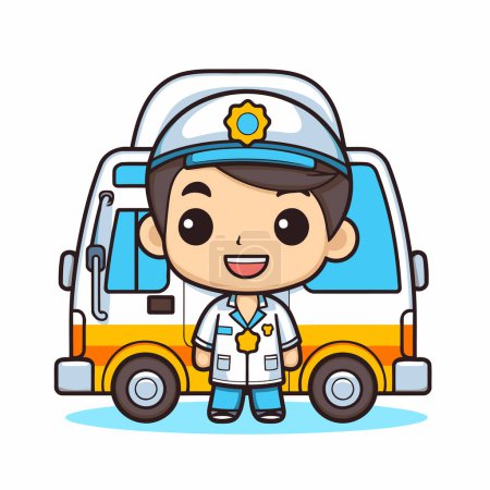 Téléchargez les illustrations : Joli garçon en uniforme de police conduisant une ambulance. Illustration vectorielle. - en licence libre de droit