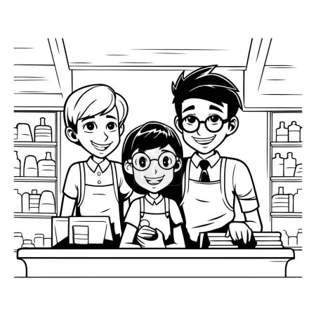 Illustration for Father and son at the counter of the supermarket cartoon vector illustration graphic design - Royalty Free Image
