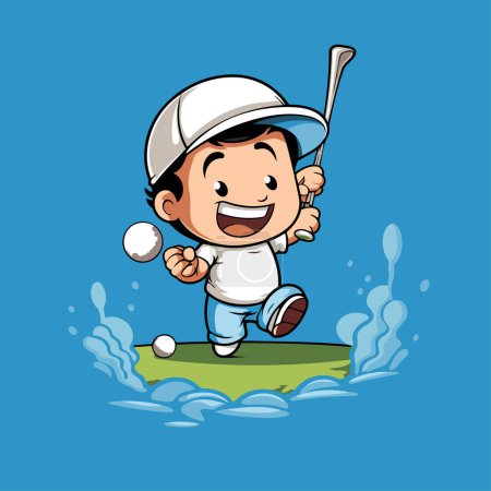 Téléchargez les illustrations : Golfeur de dessin animé jouant au golf. Illustration vectorielle sur fond bleu. - en licence libre de droit
