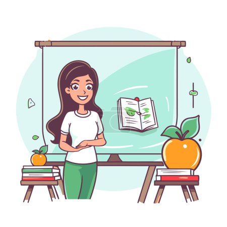 Ilustración de Profesor con libro y manzana. Ilustración vectorial en estilo de dibujos animados. - Imagen libre de derechos