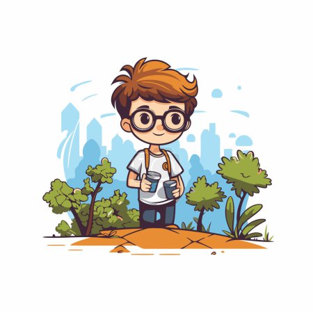 Illustration for Cute boy cartoon character in city park vector Illustration on a white background - Royalty Free Image