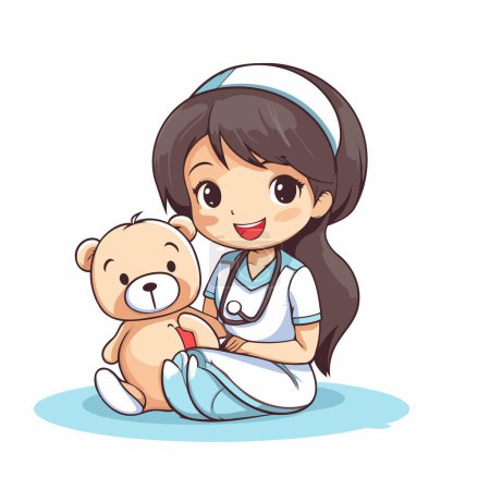 Illustration for Nurse with teddy bear and stethoscope vector illustration. - Royalty Free Image