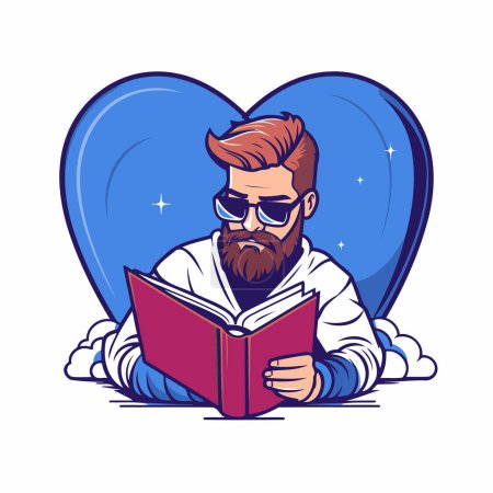 Ilustración de Hipster barbudo leyendo un libro en forma de corazón - Imagen libre de derechos