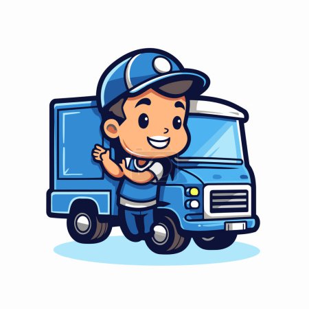 Téléchargez les illustrations : Mignon livreur garçon portant un camion. Illustration vectorielle. - en licence libre de droit