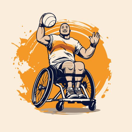 Illustration for Handicapped man in wheelchair playing basketball vector illustration. Handicapped man in a wheelchair with ball. - Royalty Free Image