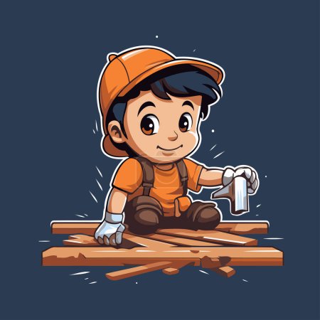 Téléchargez les illustrations : Joli garçon travaillant avec une poutre en bois. Illustration vectorielle de dessin animé. - en licence libre de droit