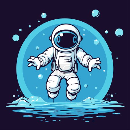 Téléchargez les illustrations : Un astronaute flottant dans l'océan. Illustration vectorielle sur fond sombre. - en licence libre de droit