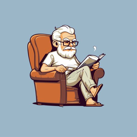 Old man sitting in armchair and reading book. Vector illustration.