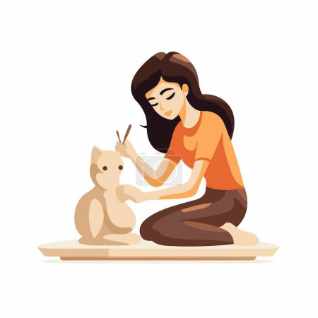 Téléchargez les illustrations : Jeune femme assise par terre avec chat et chien vecteur Illustration - en licence libre de droit