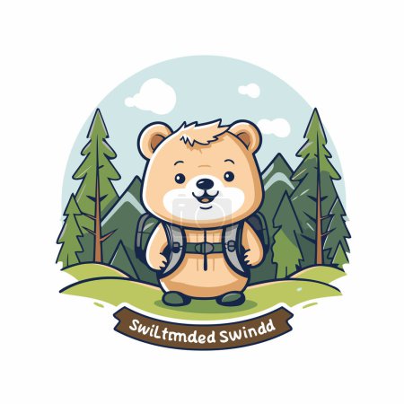 Illustration for Cute bear with backpack in the forest. Vector cartoon illustration. - Royalty Free Image