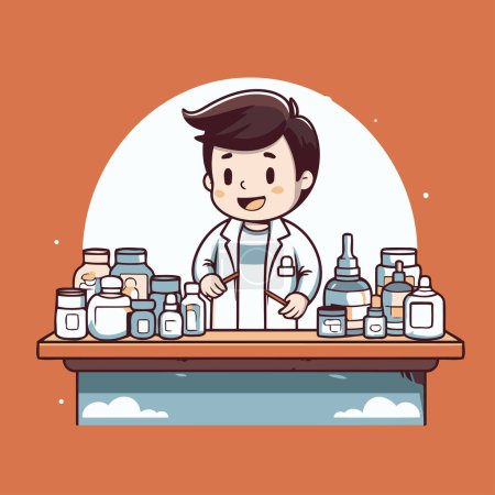 Téléchargez les illustrations : Illustration d'un pharmacien debout devant le comptoir. - en licence libre de droit