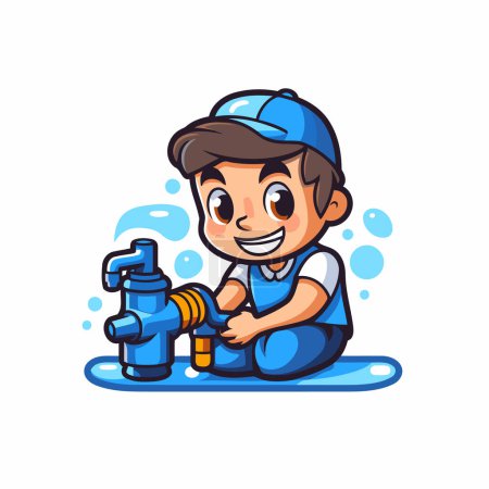 Illustration for Plumber with water tap. Vector cartoon illustration isolated on white background. - Royalty Free Image
