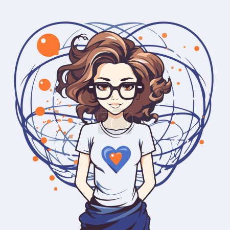 Illustration for Vector illustration of a beautiful girl with long hair. glasses and a heart. - Royalty Free Image