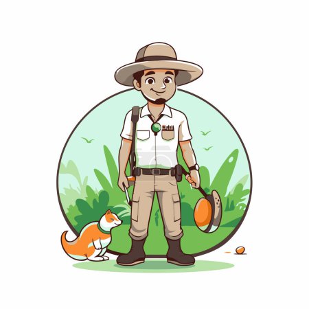 Farmer with cat and dog. Vector illustration in cartoon style.