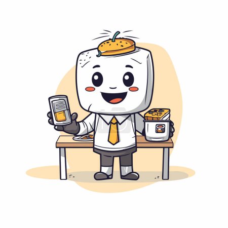 Téléchargez les illustrations : Illustration d'un homme d'affaires mignon avec un hamburger et un téléphone portable - en licence libre de droit