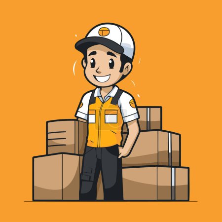 Téléchargez les illustrations : Ouvrier d'entrepôt avec une pile de boîtes. Illustration vectorielle dans le style dessin animé - en licence libre de droit