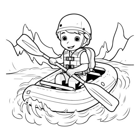 Ilustración de Ilustración de dibujos animados en blanco y negro de Kid Rafting en canoa o kayak con casco de seguridad para colorear libro - Imagen libre de derechos