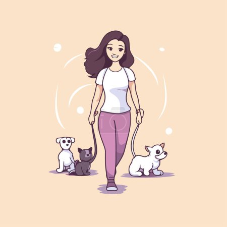 Illustration for Beautiful woman walking with her dogs. Vector illustration. Flat style. - Royalty Free Image