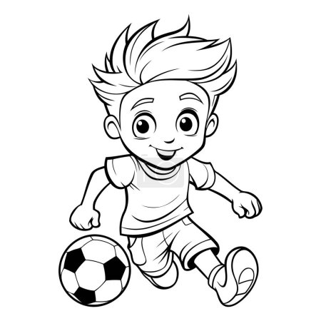 Illustration for Boy playing soccer - black and white vector illustration for coloring book. - Royalty Free Image